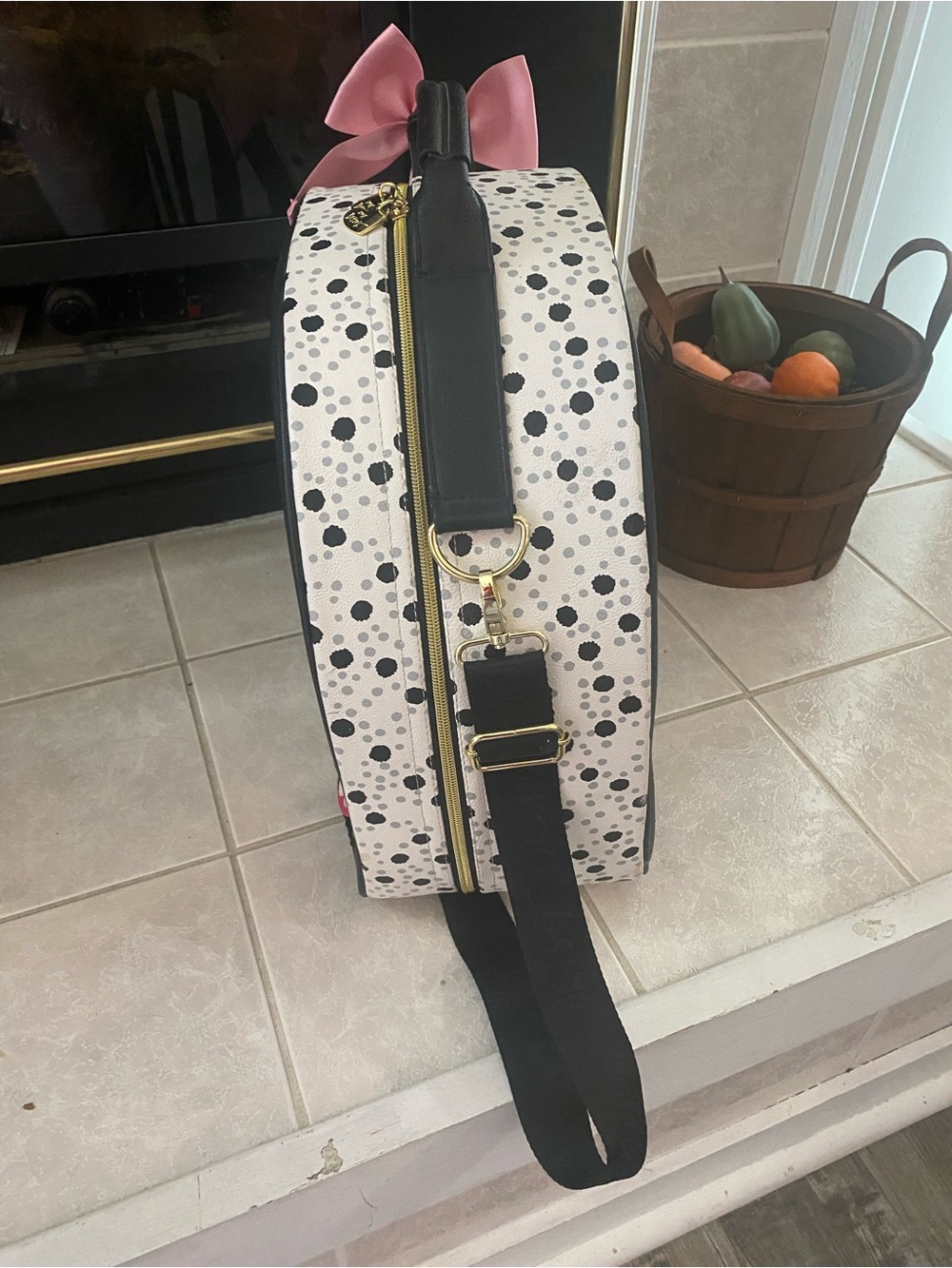 Betsey Johnson Black & White Stripe Dome Travel Bag with Pink Floral Accents - Picture 4 of 9